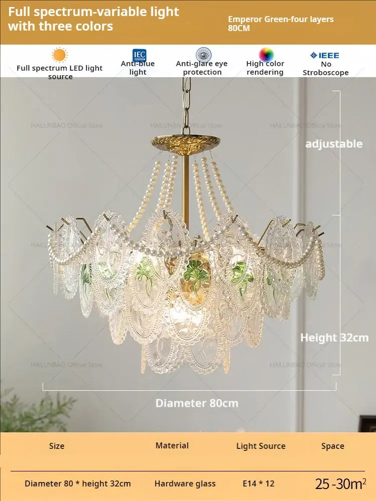 Retro french floral glass dining room chandelier gold and green