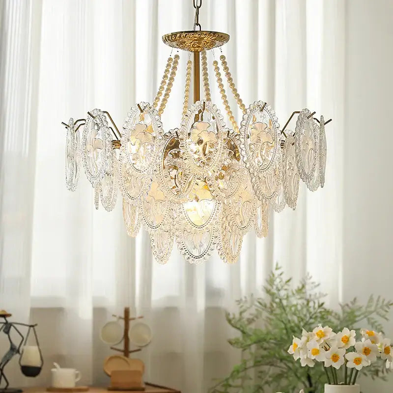 Retro french floral glass dining room chandelier gold and green