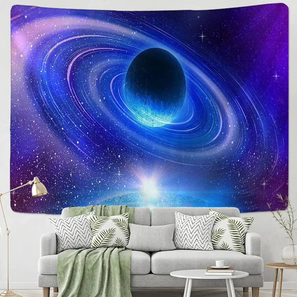 Retro galaxy sky blue planet tapestry bedroom cosmic wall decor