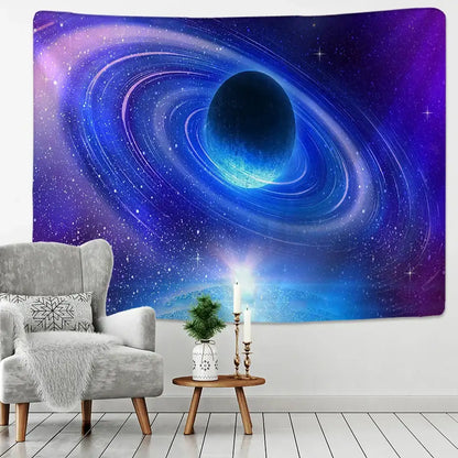 Retro galaxy sky blue planet tapestry bedroom cosmic wall decor