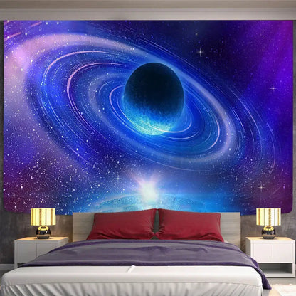 Retro galaxy sky blue planet tapestry bedroom cosmic wall decor