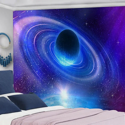 Retro galaxy sky blue planet tapestry bedroom cosmic wall decor