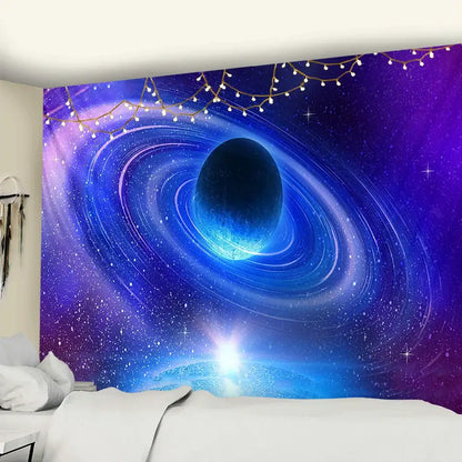 Retro galaxy sky blue planet tapestry bedroom cosmic wall decor