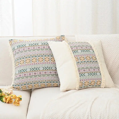 Retro geometric beige cushion cover living room handmade tassel