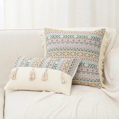 Retro geometric beige cushion cover living room handmade tassel