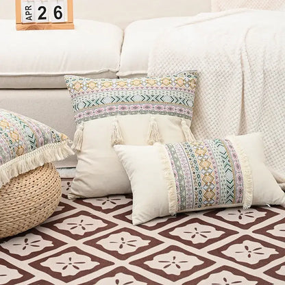 Retro geometric beige cushion cover living room handmade tassel