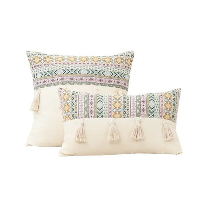 Retro geometric beige cushion cover living room handmade tassel