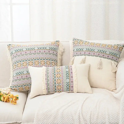 Retro geometric beige cushion cover living room handmade tassel