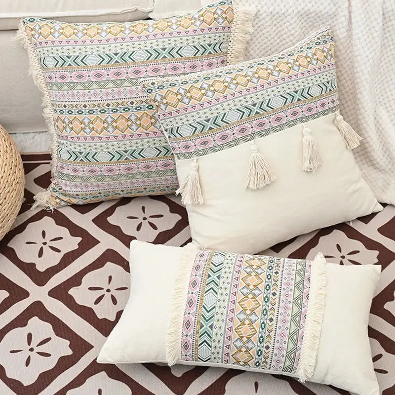 Retro geometric beige cushion cover living room handmade tassel