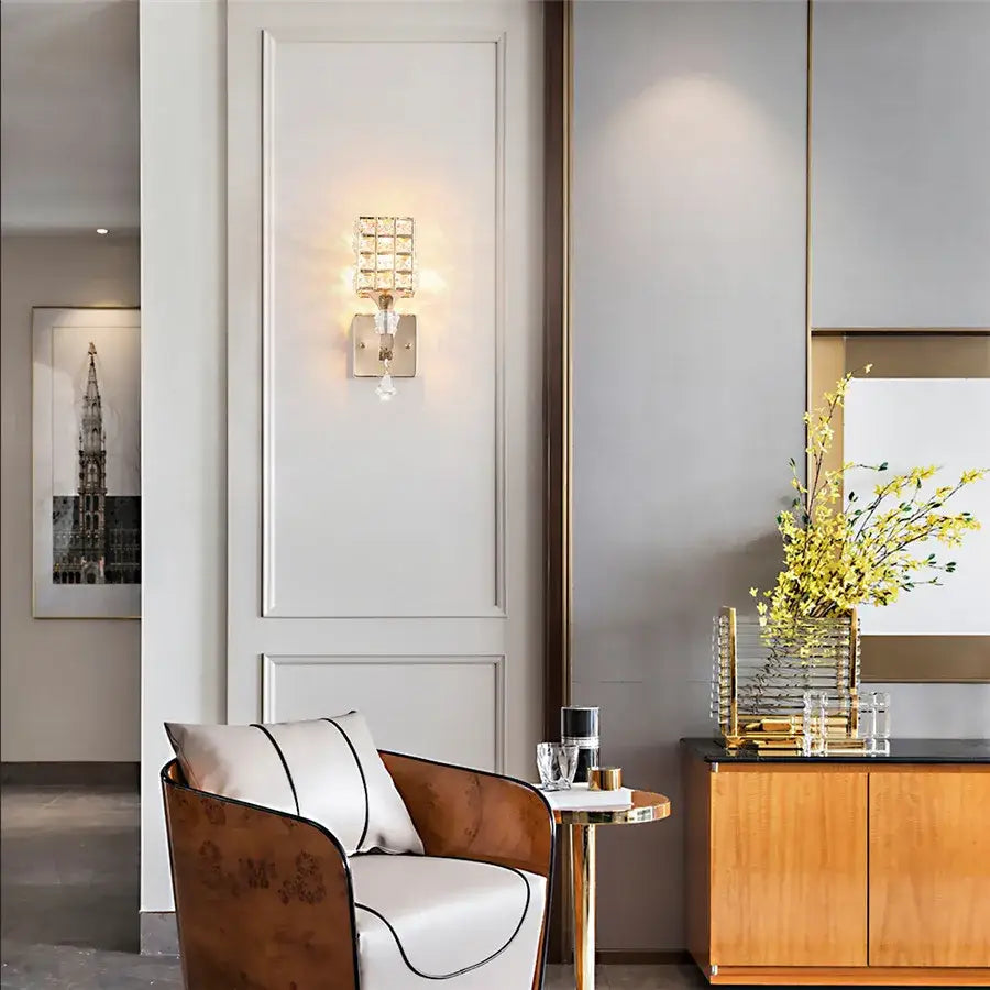 Retro gold & chrome crystal wall sconce living room light
