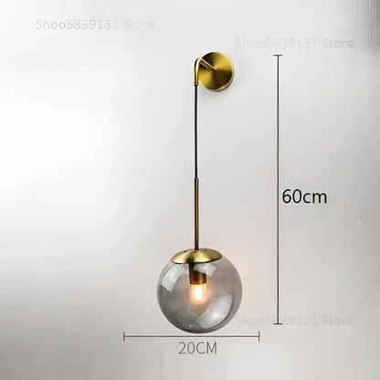 Retro gold glass ball wall lamp bedroom smoked sconce