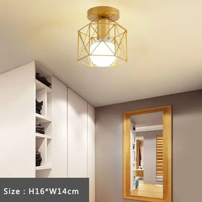 Retro gold iron cage ceiling lamp for bedroom warm glow lighting