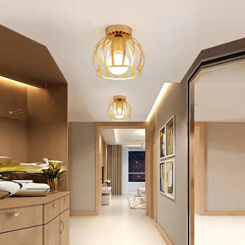 Retro gold iron cage ceiling lamp for bedroom warm glow lighting