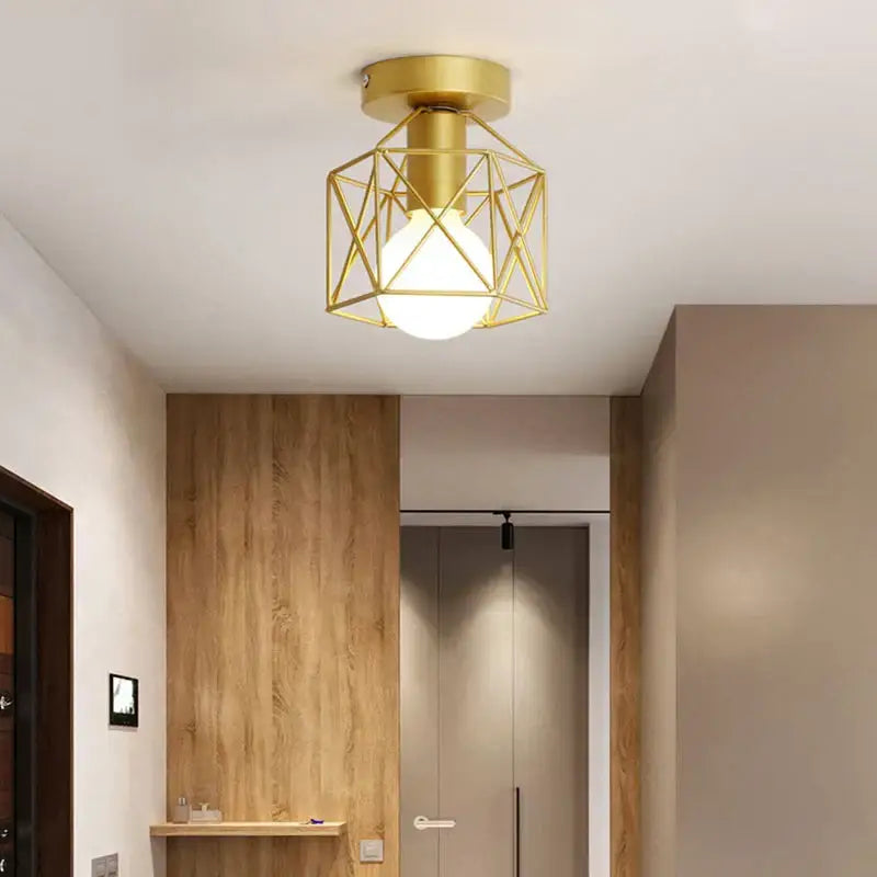 Retro gold iron cage ceiling lamp for bedroom warm glow lighting