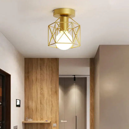 Retro gold iron cage ceiling lamp for bedroom warm glow lighting