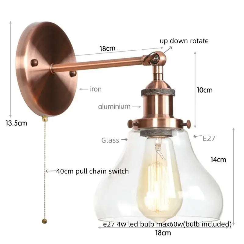 Retro gold led wall sconces with glass shade bedroom lamp