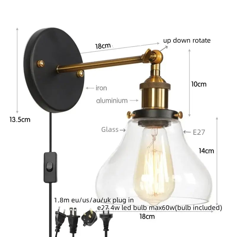 Retro gold led wall sconces with glass shade bedroom lamp