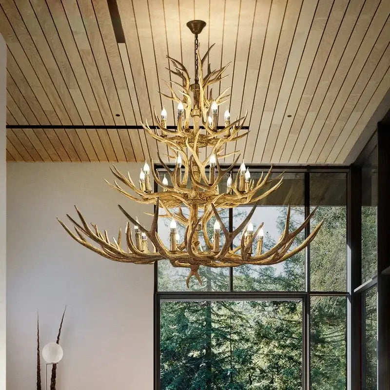 Retro golden brown antler led chandelier dining room pendant light