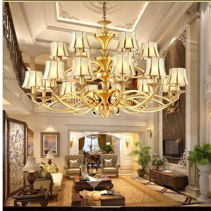 Retro golden copper villa chandelier staircase cream lampshades