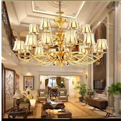 Retro golden copper villa chandelier staircase cream lampshades