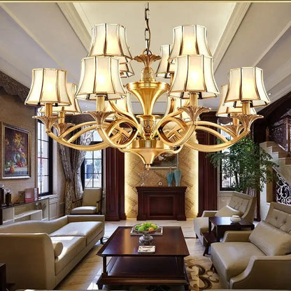 Retro golden copper villa chandelier staircase cream lampshades