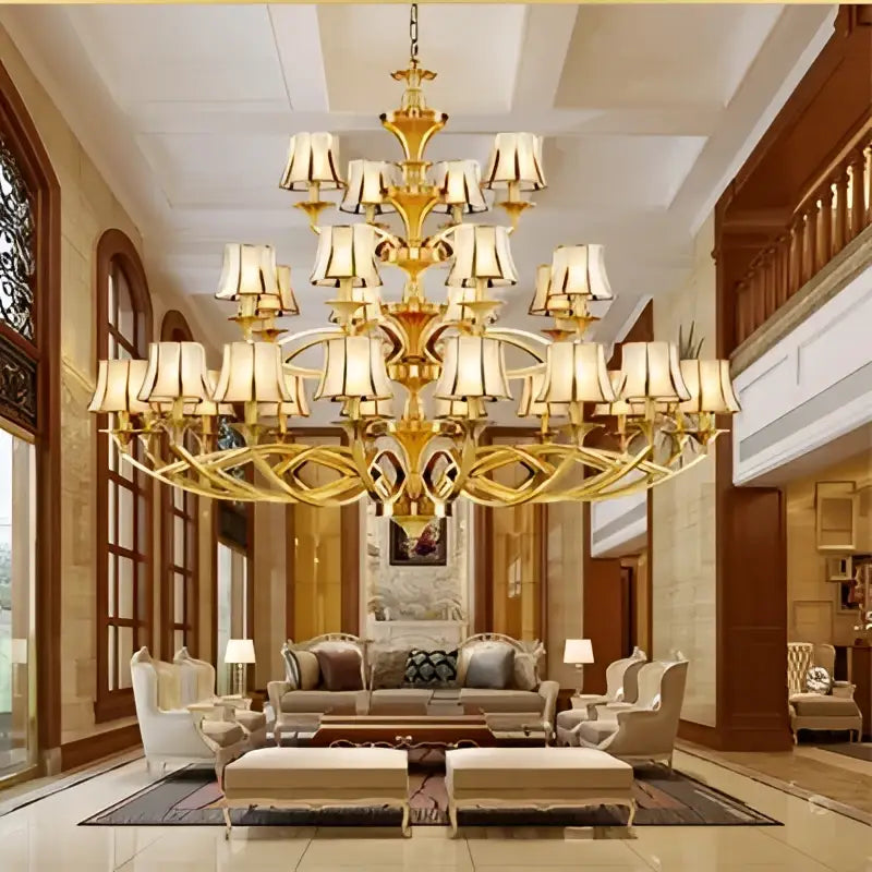 Retro golden copper villa chandelier staircase cream lampshades