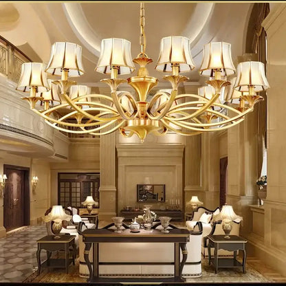 Retro golden copper villa chandelier staircase cream lampshades