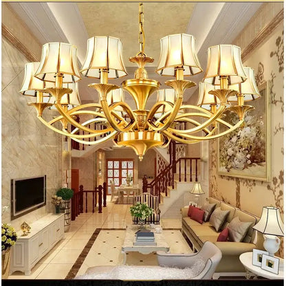 Retro golden copper villa chandelier staircase cream lampshades