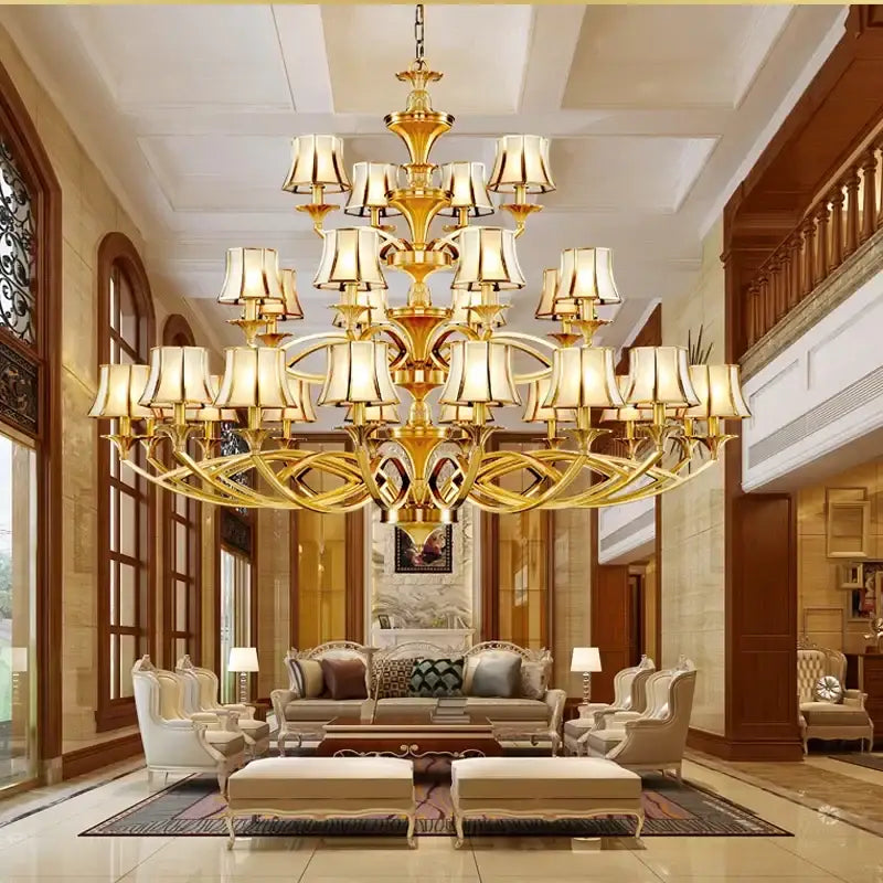 Retro golden copper villa chandelier staircase cream lampshades