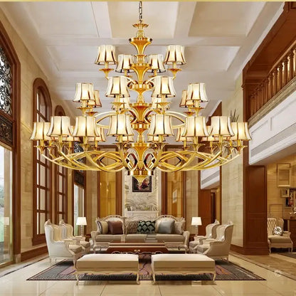 Retro golden copper villa chandelier staircase cream lampshades