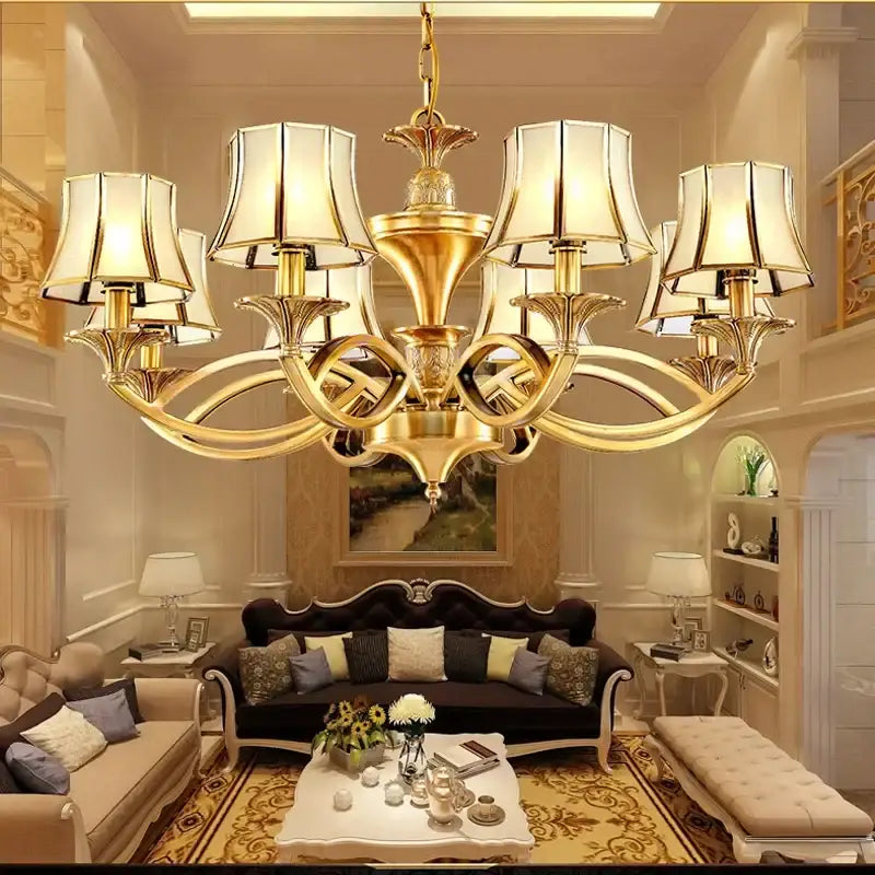 Retro golden copper villa chandelier staircase cream lampshades