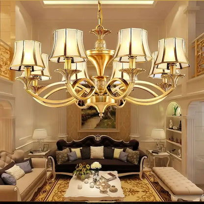 Retro golden copper villa chandelier staircase cream lampshades