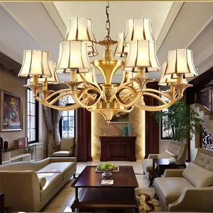 Retro golden copper villa chandelier staircase cream lampshades