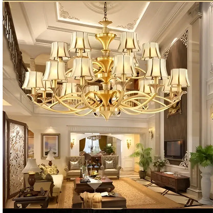 Retro golden copper villa chandelier staircase cream lampshades