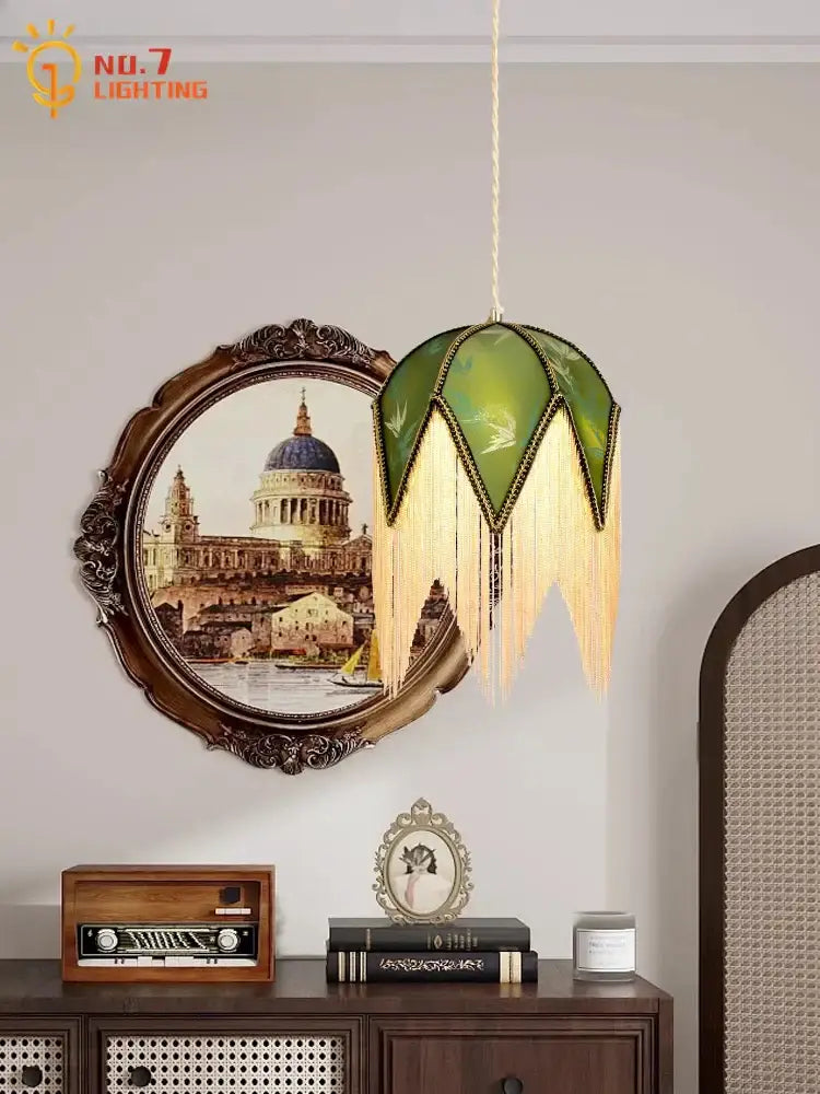 Retro green and gold copper tassel pendant lights for dining room