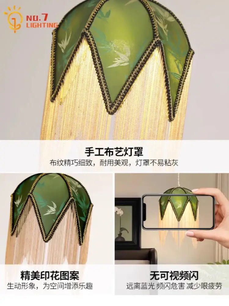 Retro green and gold copper tassel pendant lights for dining room