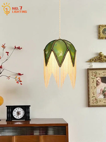 Retro green and gold copper tassel pendant lights for dining room