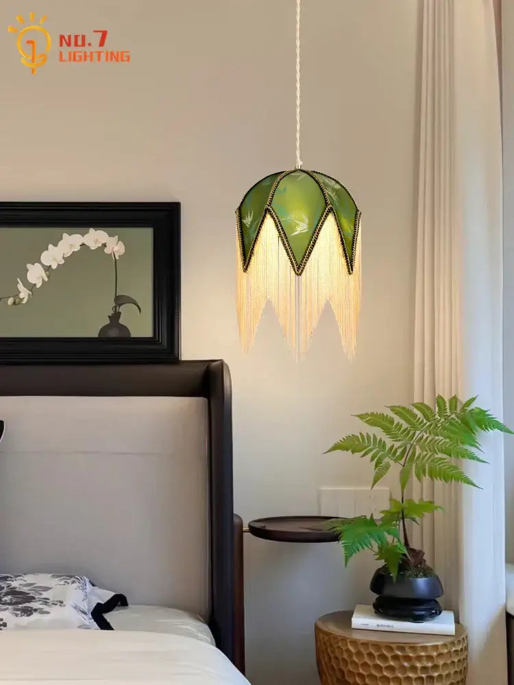 Retro green and gold copper tassel pendant lights for dining room