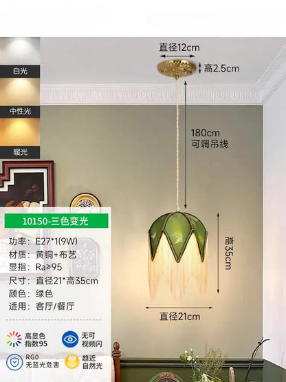 Retro green and gold copper tassel pendant lights for dining room