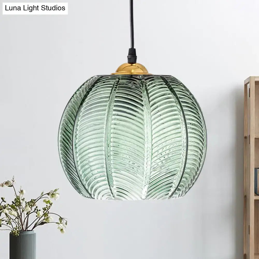 Retro green ribbed glass pumpkin dinette pendant lamp dining room