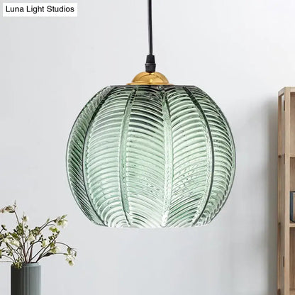 Retro green ribbed glass pumpkin dinette pendant lamp dining room