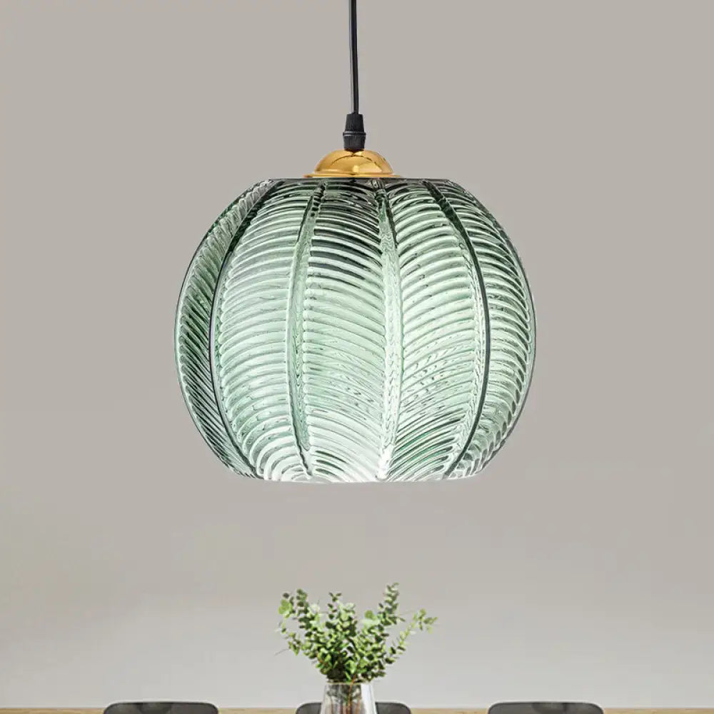 Retro green ribbed glass pumpkin dinette pendant lamp dining room