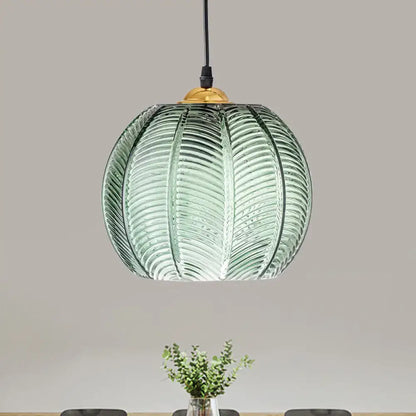 Retro green ribbed glass pumpkin dinette pendant lamp dining room