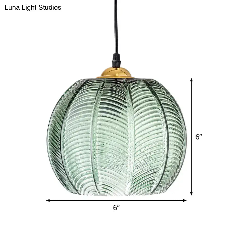 Retro green ribbed glass pumpkin dinette pendant lamp dining room