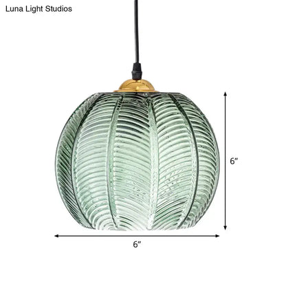 Retro green ribbed glass pumpkin dinette pendant lamp dining room
