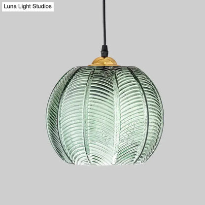 Retro green ribbed glass pumpkin dinette pendant lamp dining room