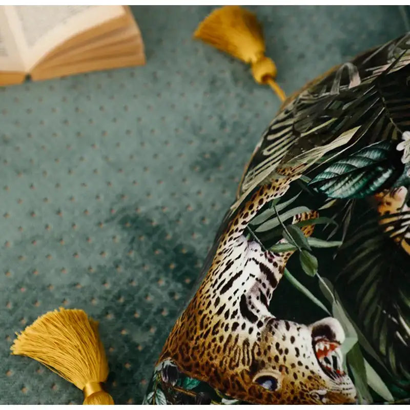 Retro green velvet embroidered leopard cushion cover living room