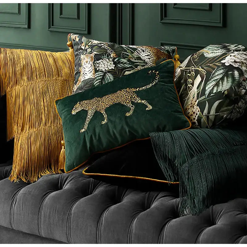Retro green velvet embroidered leopard cushion cover living room
