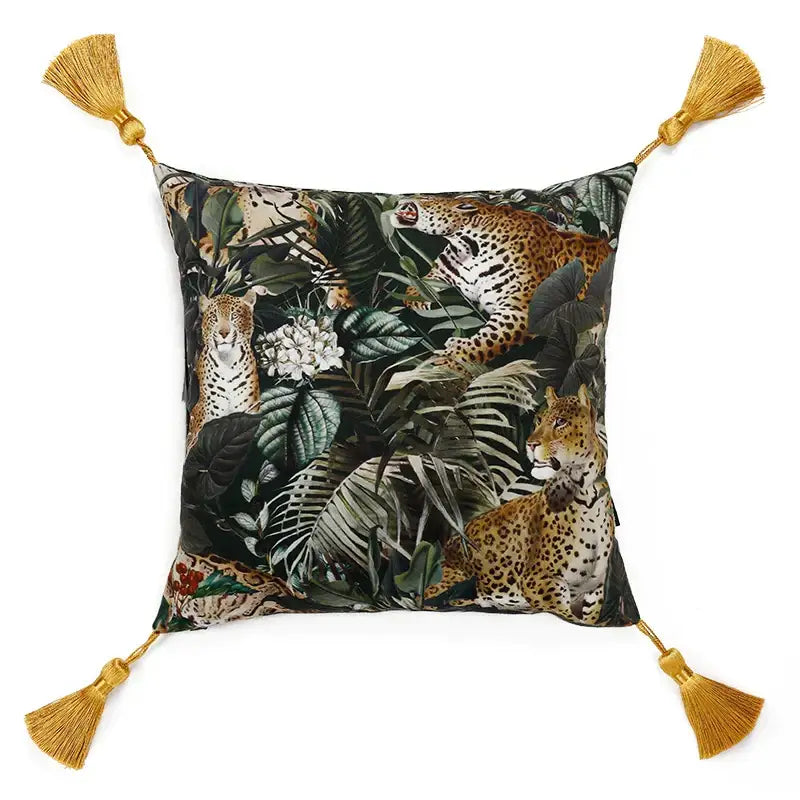 Retro green velvet embroidered leopard cushion cover living room