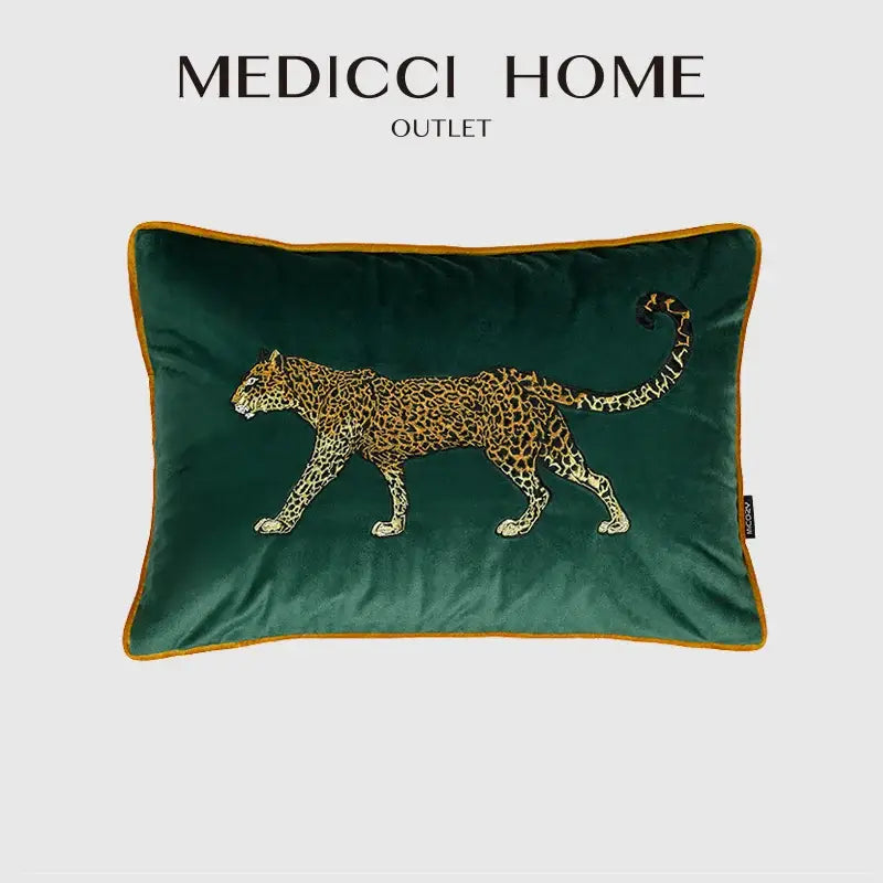 Retro green velvet embroidered leopard cushion cover living room